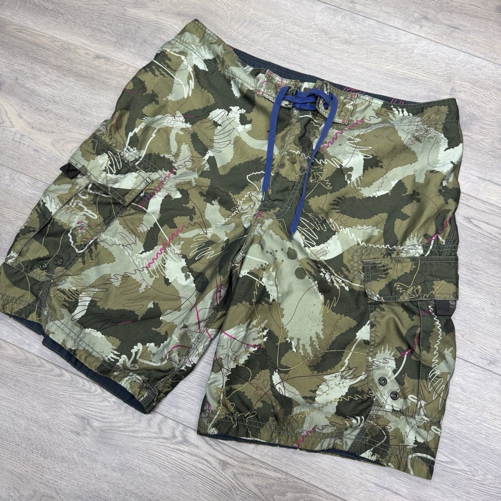 Y2K American Eagle Outfitters‎ Camo Board Shorts Swim Trunks Sz 36 Unlined Green
